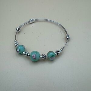Silver Bangle Bracelet with Mint Green Lampwork Beads. 73